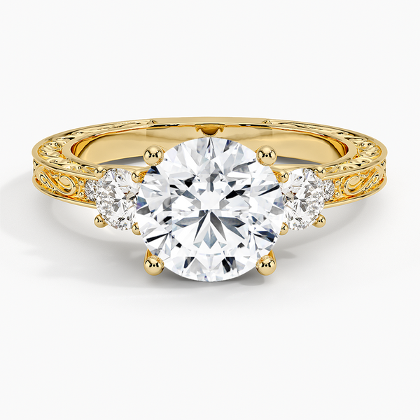 Antique Scroll Engraved Three Stone Diamond Engagement Ring