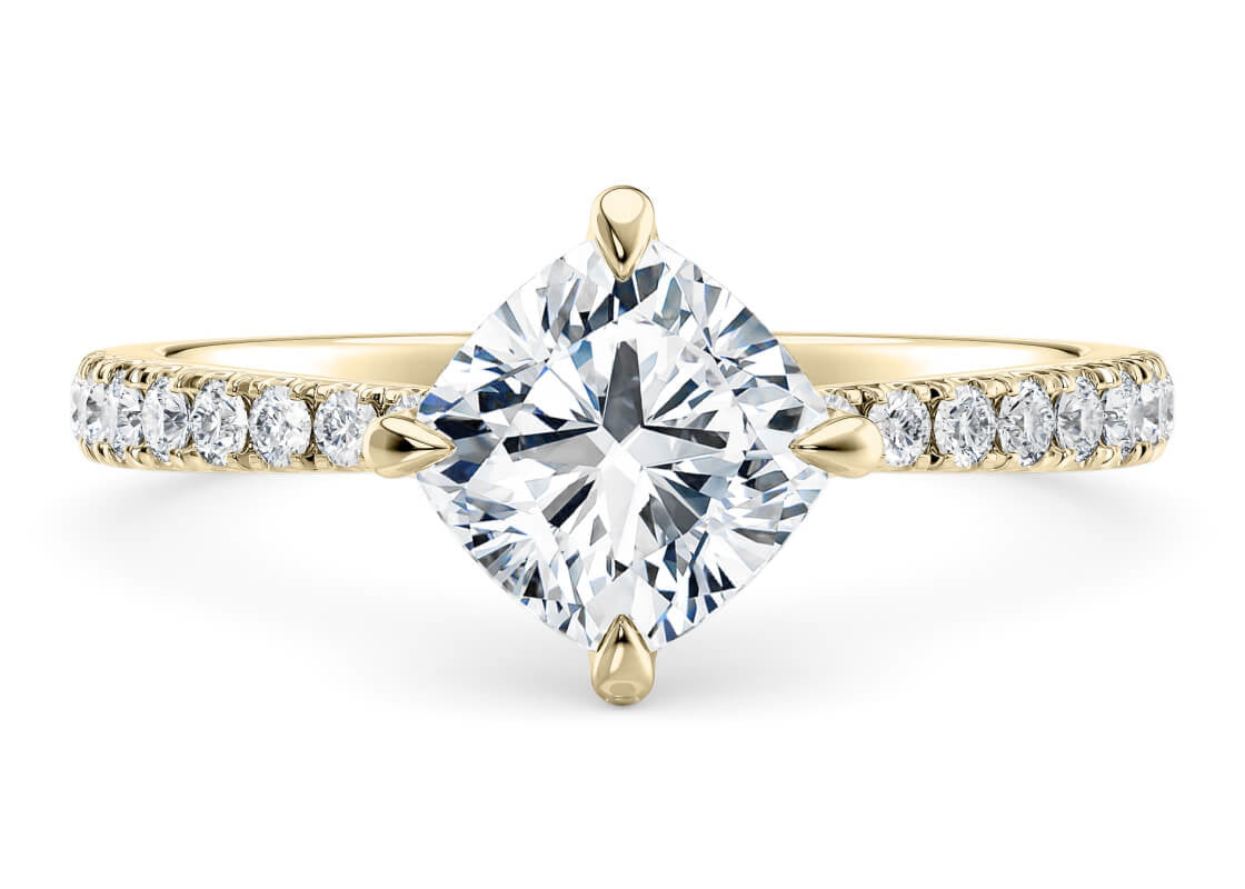 Asteria Compass Diamond Band Yellow Gold 18k Cushion Engagement Ring