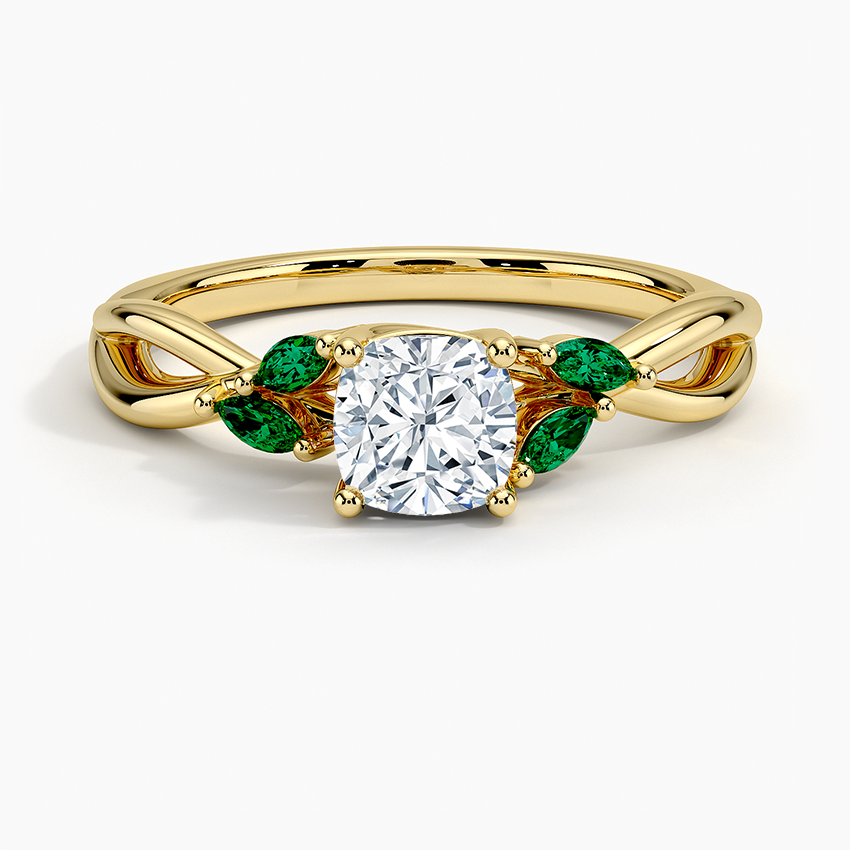 Willow Ring With Lab Emerald Accents Yellow Gold 18k Cushion Engagement Ring