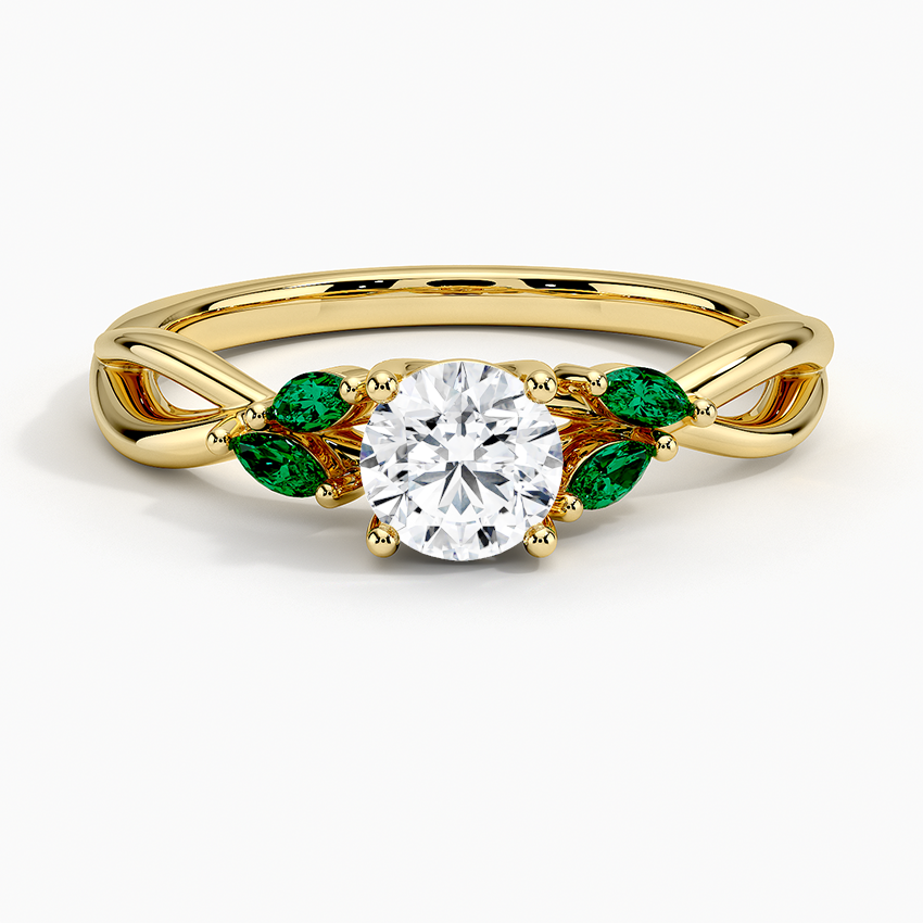 Willow Ring With Lab Emerald Accents Yellow Gold 18k Round Engagement Ring