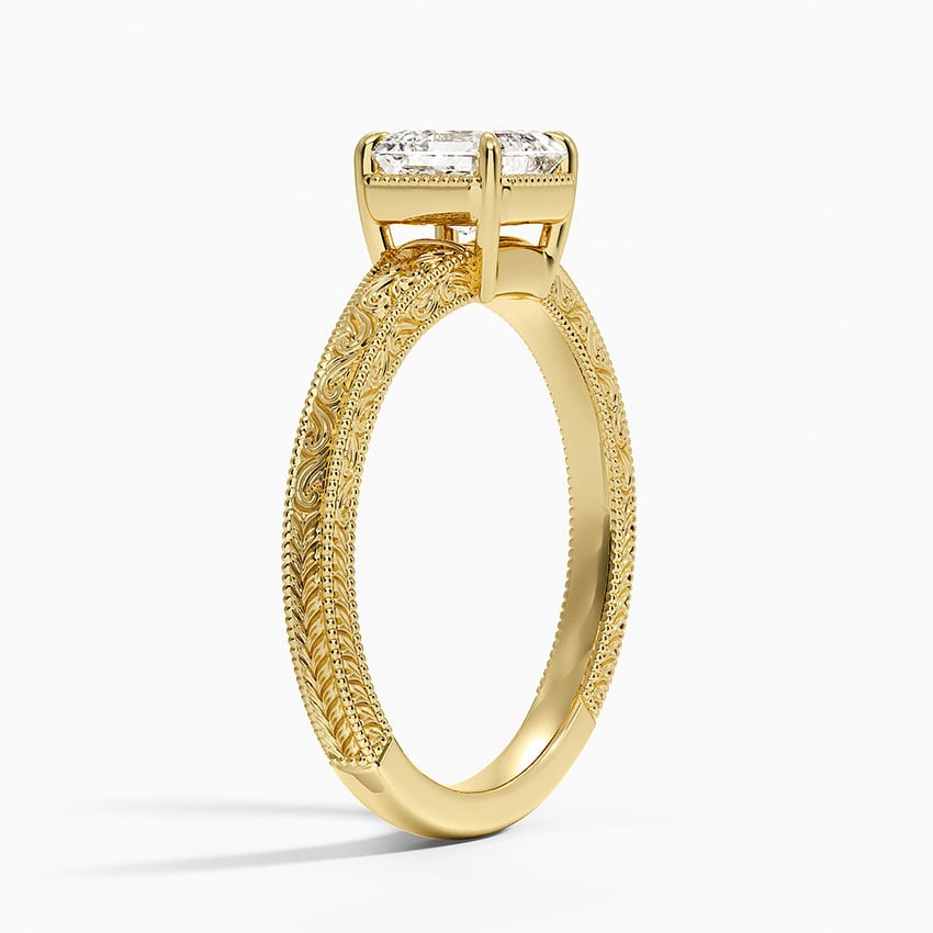 Tapered Elsie Engraved Solitaire Ring Yellow Gold 18k Asscher Engagement Ring