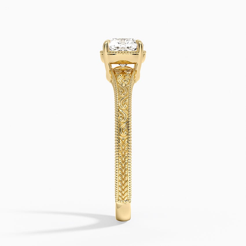 Tapered Elsie Engraved Solitaire Ring Yellow Gold 18k Cushion Engagement Ring