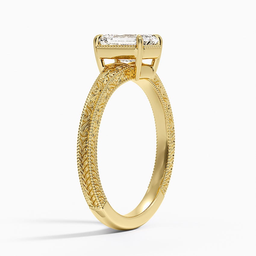 Tapered Elsie Engraved Solitaire Ring Yellow Gold 18k Emerald Engagement Ring