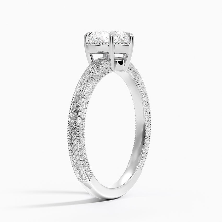 Tapered Elsie Engraved Solitaire Ring Platinum Heart Engagement Ring
