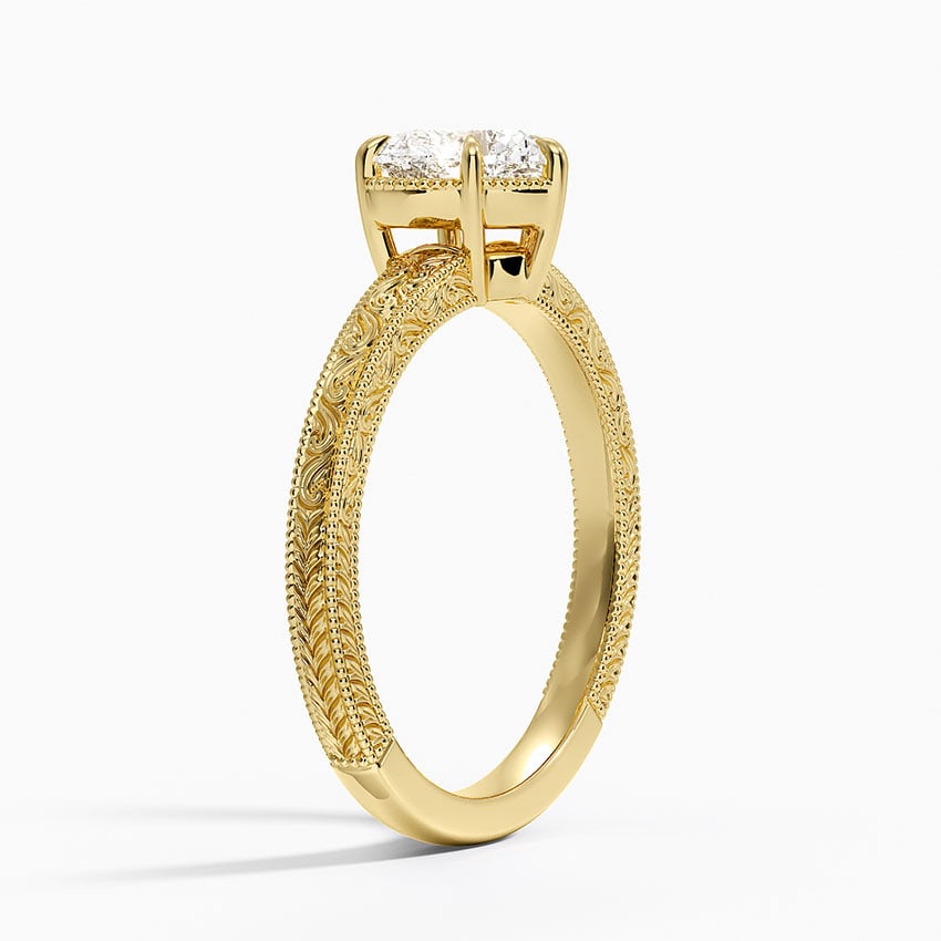 Tapered Elsie Engraved Solitaire Ring Yellow Gold 18k Heart Engagement Ring
