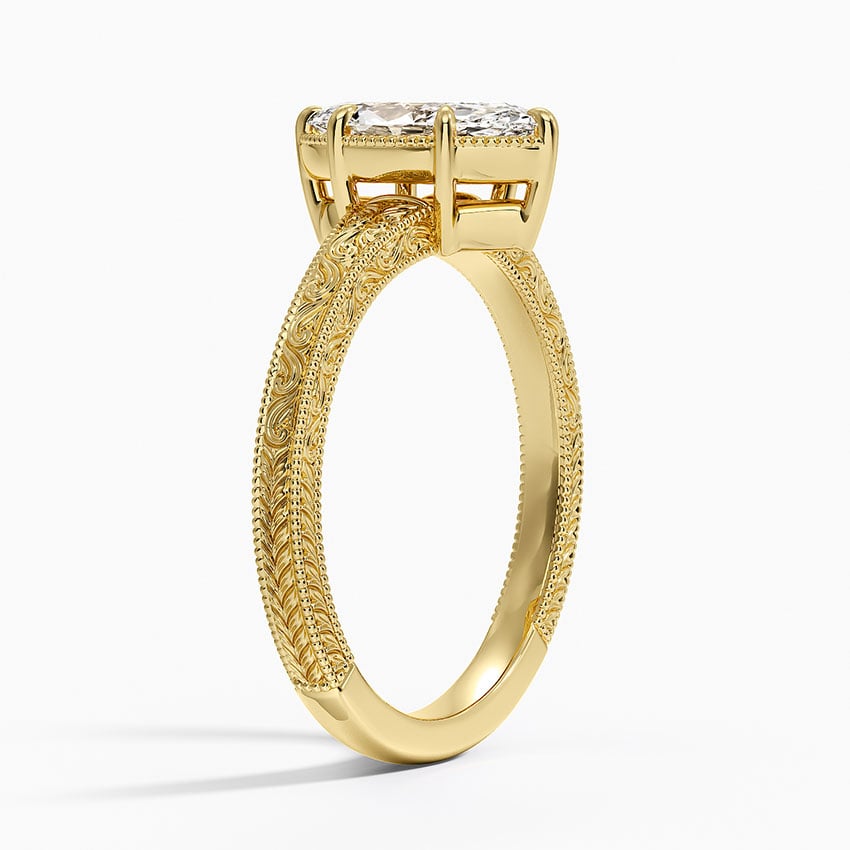 Tapered Elsie Engraved Solitaire Ring Yellow Gold 18k Marquise Engagement Ring
