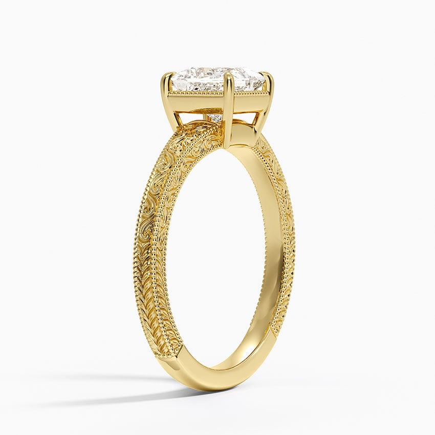 Tapered Elsie Engraved Solitaire Ring Yellow Gold 18k Princess Engagement Ring