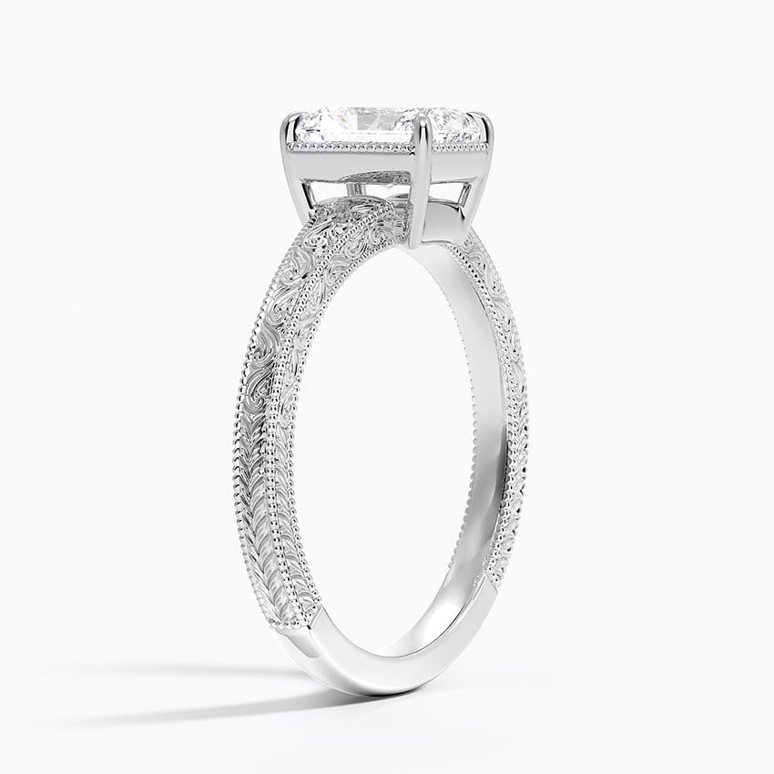 Tapered Elsie Engraved Solitaire Ring Platinum Radiant Engagement Ring