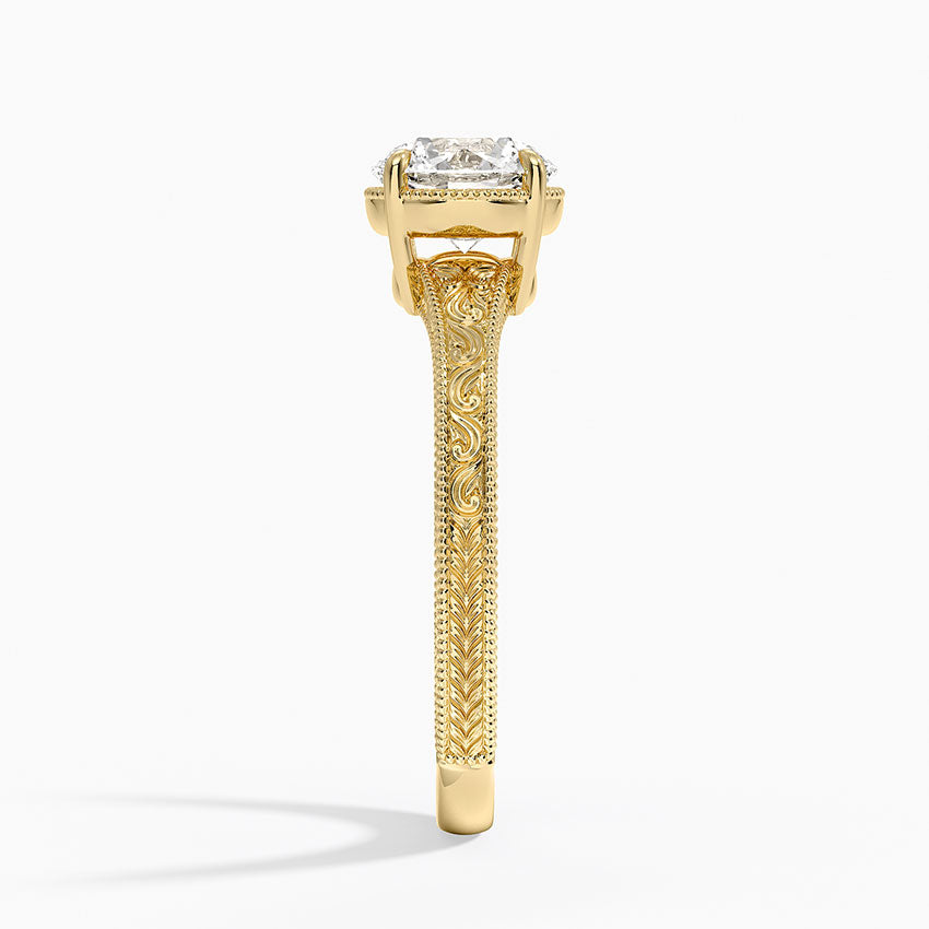 Tapered Elsie Engraved Solitaire Ring Yellow Gold 18k Round Engagement Ring