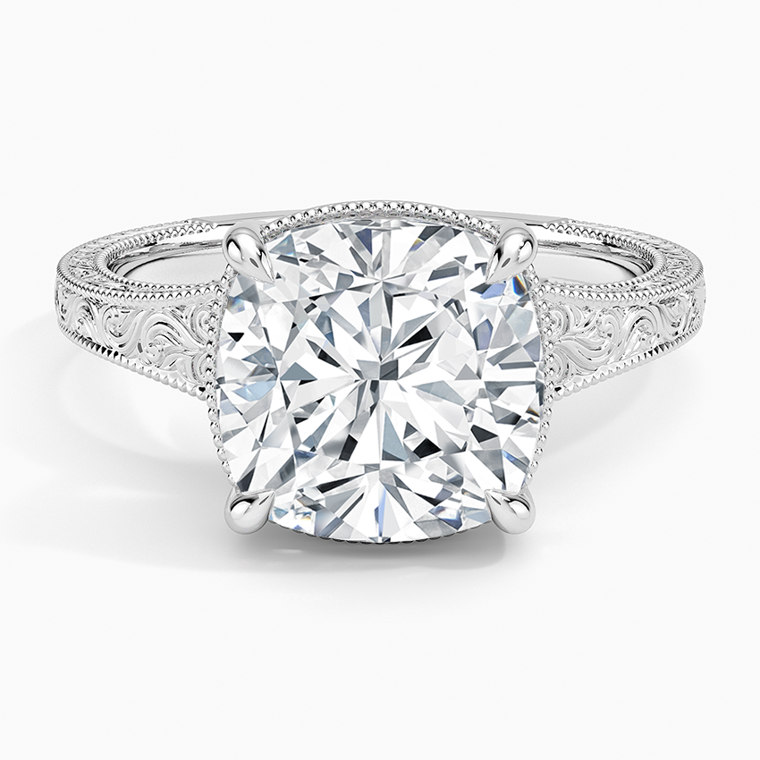Tapered Elsie Engraved Solitaire Ring Platinum Cushion Engagement Ring