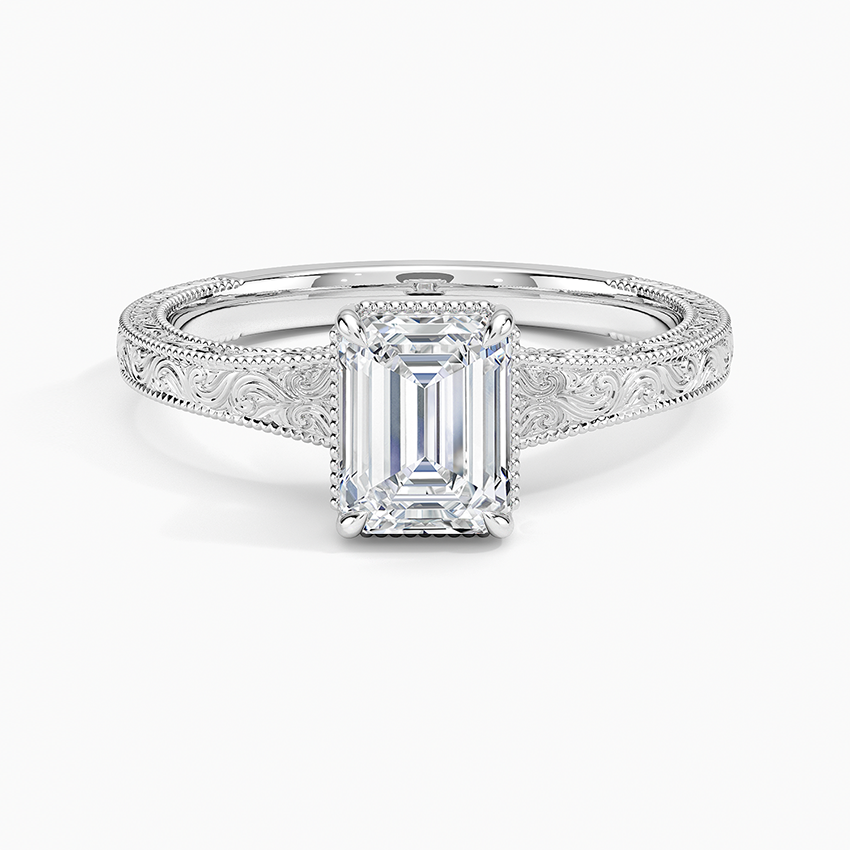 Tapered Elsie Engraved Solitaire Ring Platinum Emerald Engagement Ring