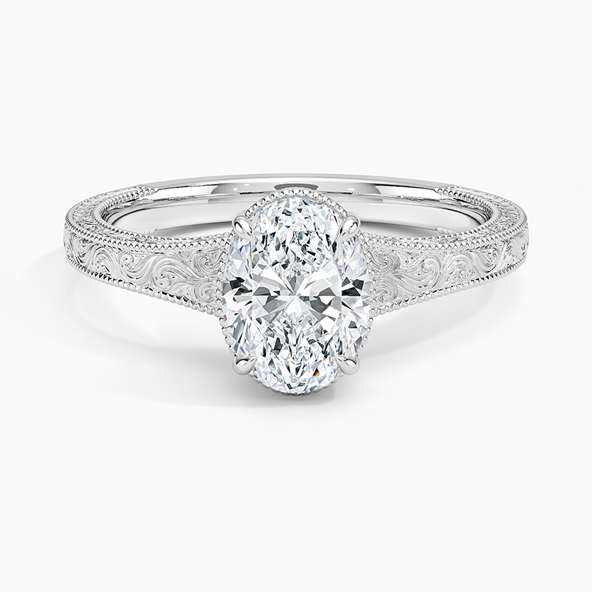 Tapered Elsie Engraved Solitaire Ring Platinum Oval Engagement Ring