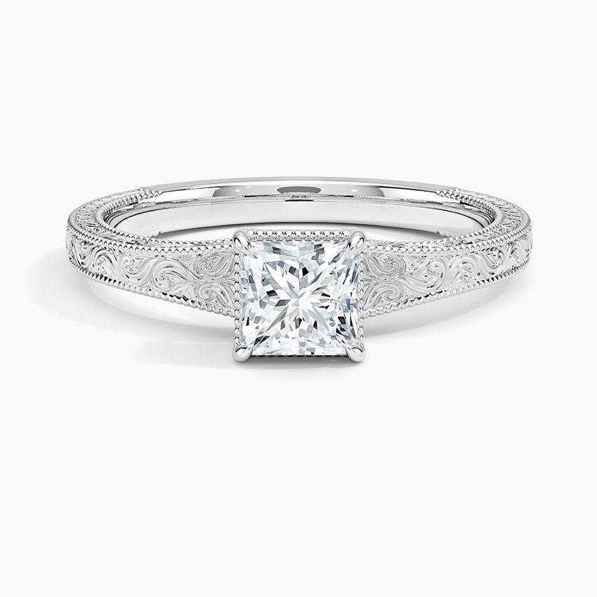 Tapered Elsie Engraved Solitaire Ring Platinum Princess Engagement Ring