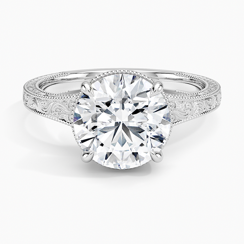 Tapered Elsie Engraved Solitaire Ring Platinum Round Engagement Ring