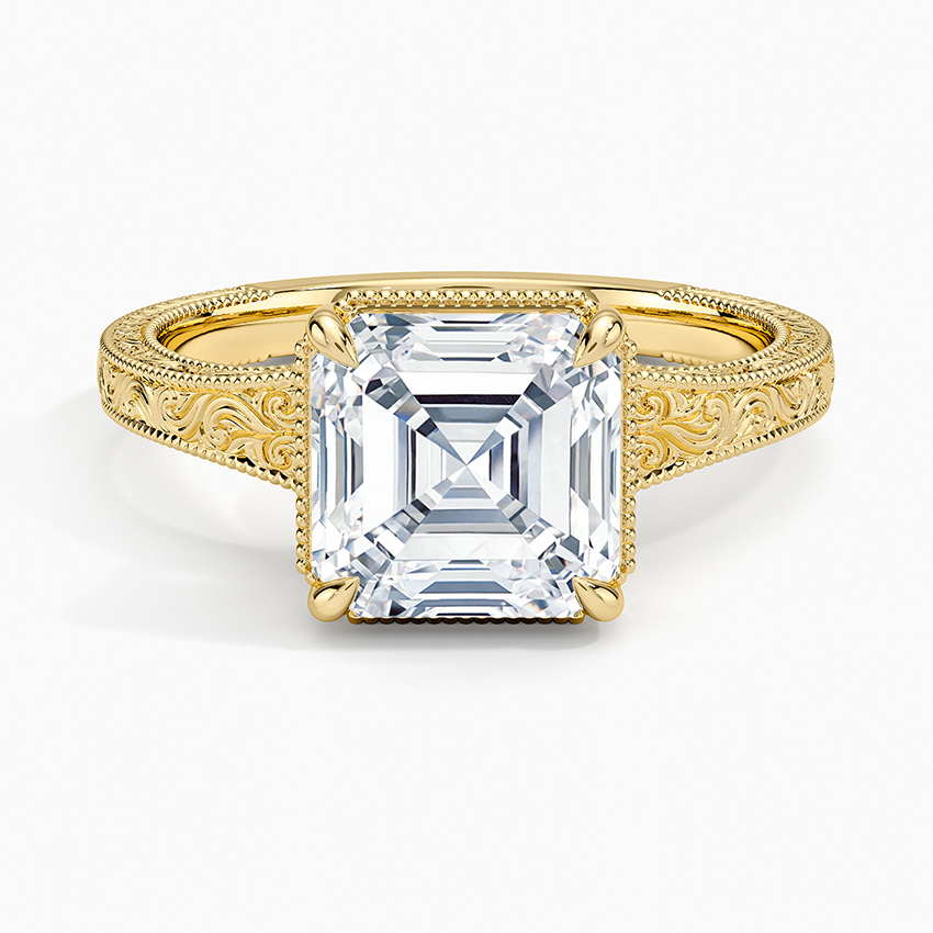 Tapered Elsie Engraved Solitaire Ring Yellow Gold 18k Asscher Engagement Ring