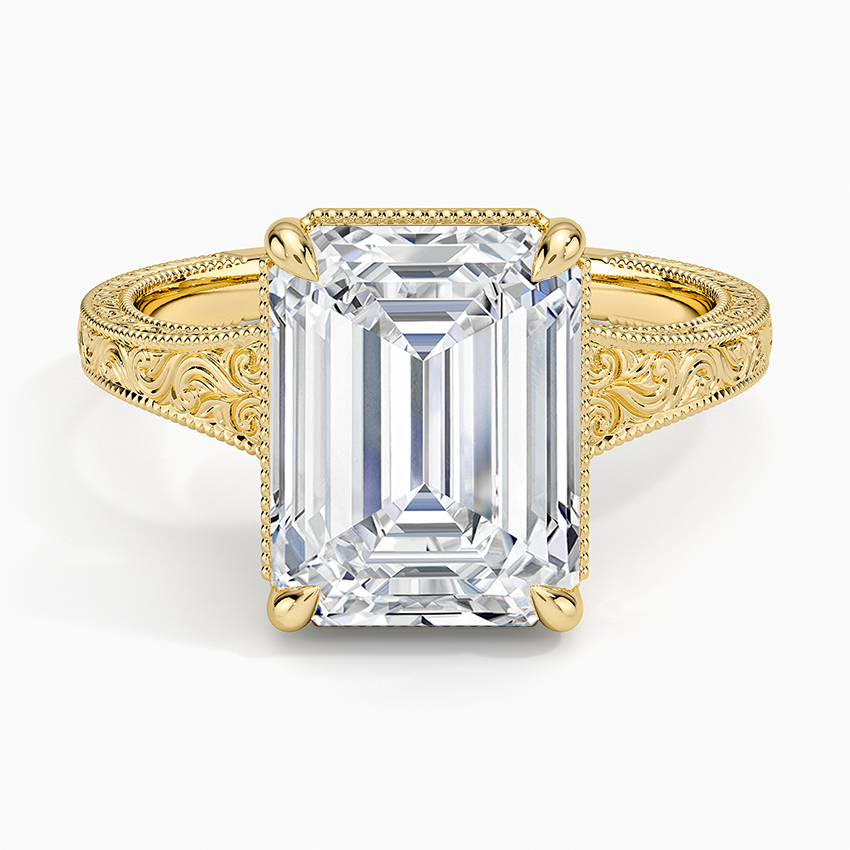 Tapered Elsie Engraved Solitaire Ring Yellow Gold 18k Emerald Engagement Ring