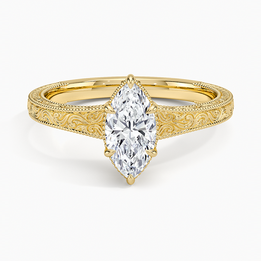 Tapered Elsie Engraved Solitaire Ring Yellow Gold 18k Marquise Engagement Ring