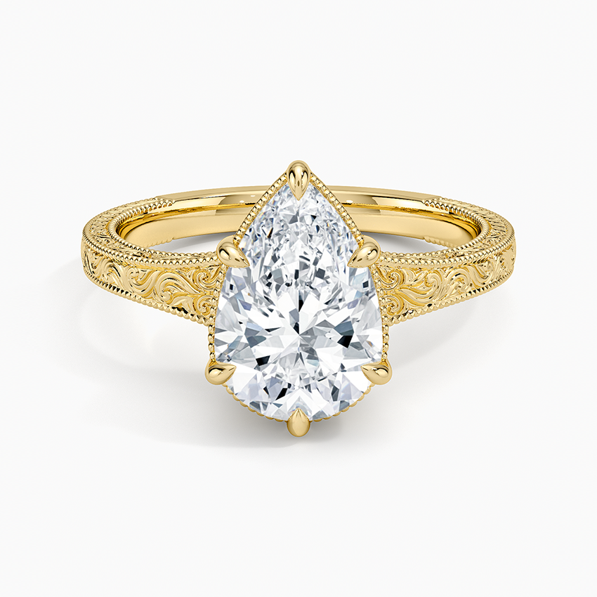 Tapered Elsie Engraved Solitaire Ring Yellow Gold 18k Pear Engagement Ring