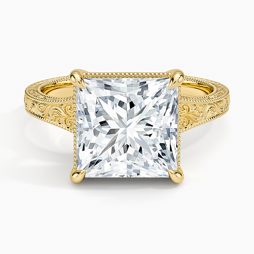 Tapered Elsie Engraved Solitaire Ring Yellow Gold 18k Princess Engagement Ring