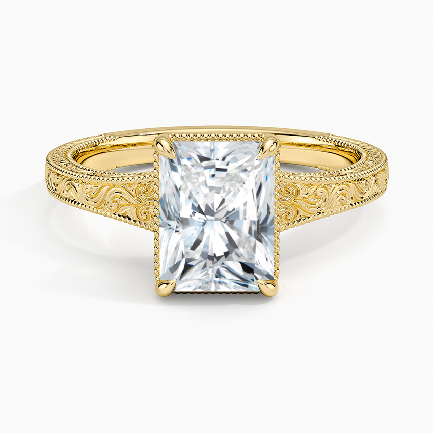 Tapered Elsie Engraved Solitaire Ring Yellow Gold 18k Radiant Engagement Ring