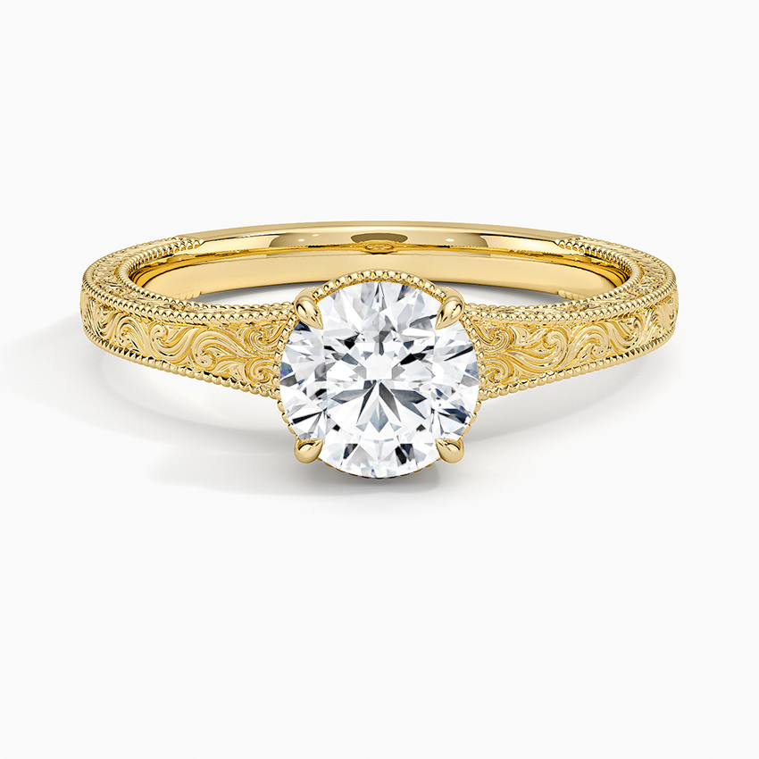 Tapered Elsie Engraved Solitaire Ring Yellow Gold 18k Round Engagement Ring