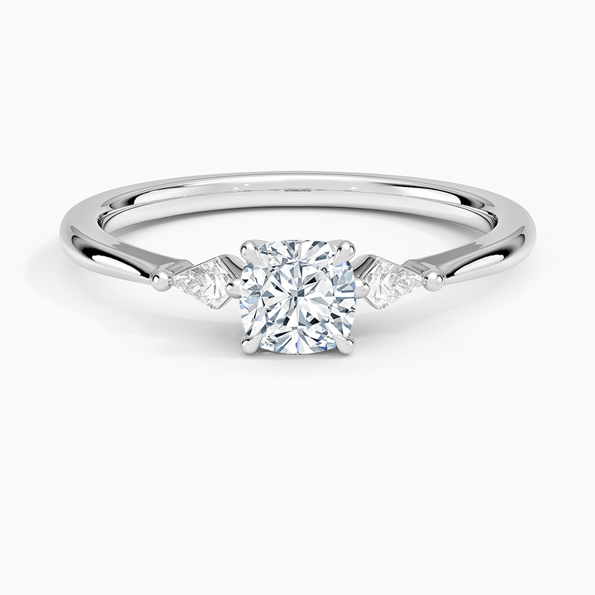 Petite Cometa Three Stone Diamond Ring Platinum Cushion Engagement Ring