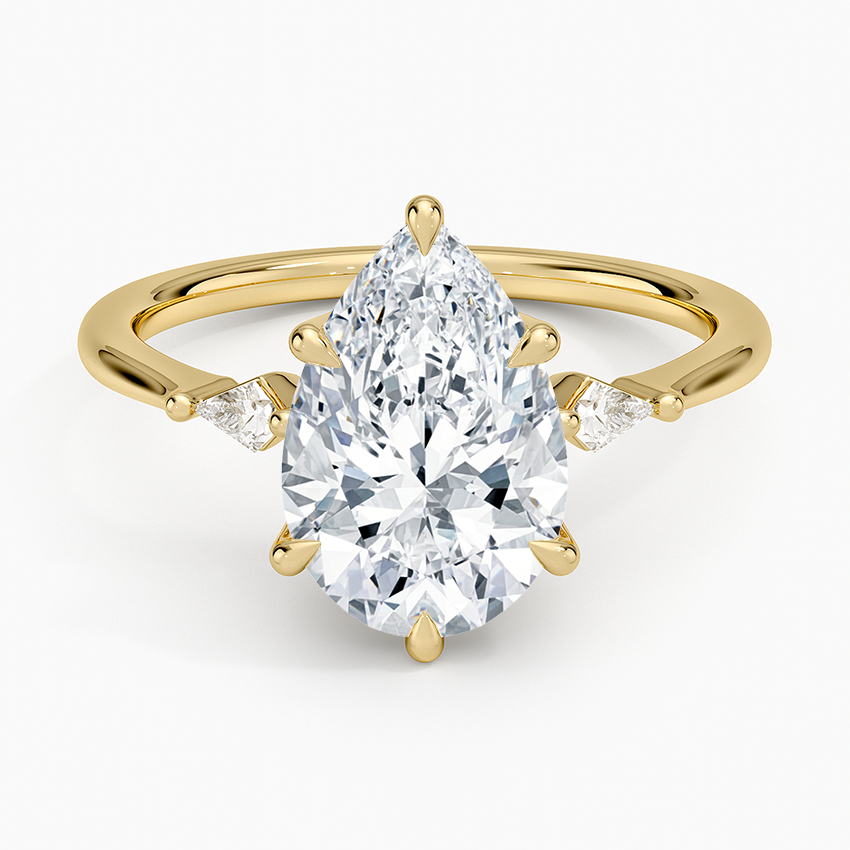 Petite Cometa Three Stone Diamond Ring Yellow Gold 18k Pear Engagement Ring