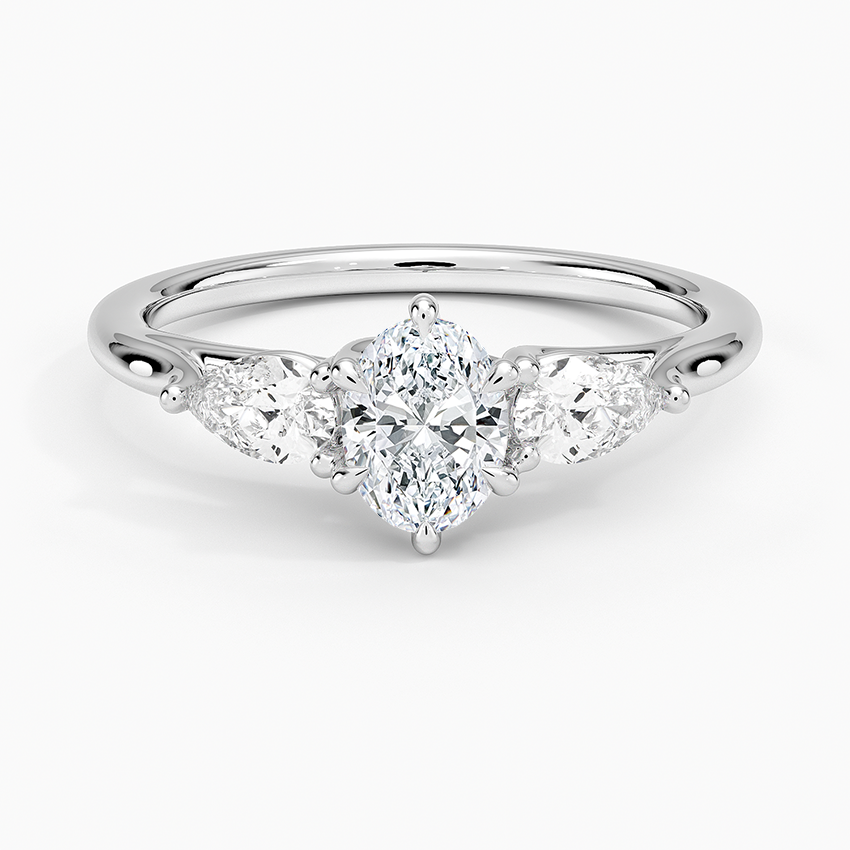 Luxe Delilah Three Stone Pear Diamond Ring Platinum Oval Engagement Ring