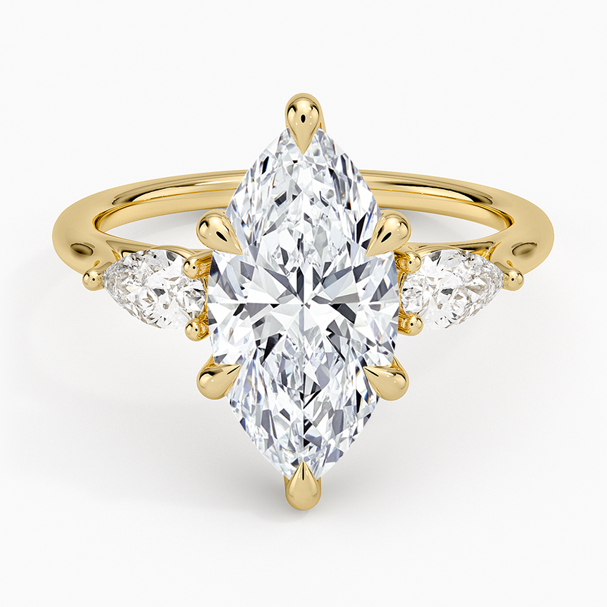 Luxe Delilah Three Stone Pear Diamond Ring Yellow Gold 18k Marquise Engagement Ring