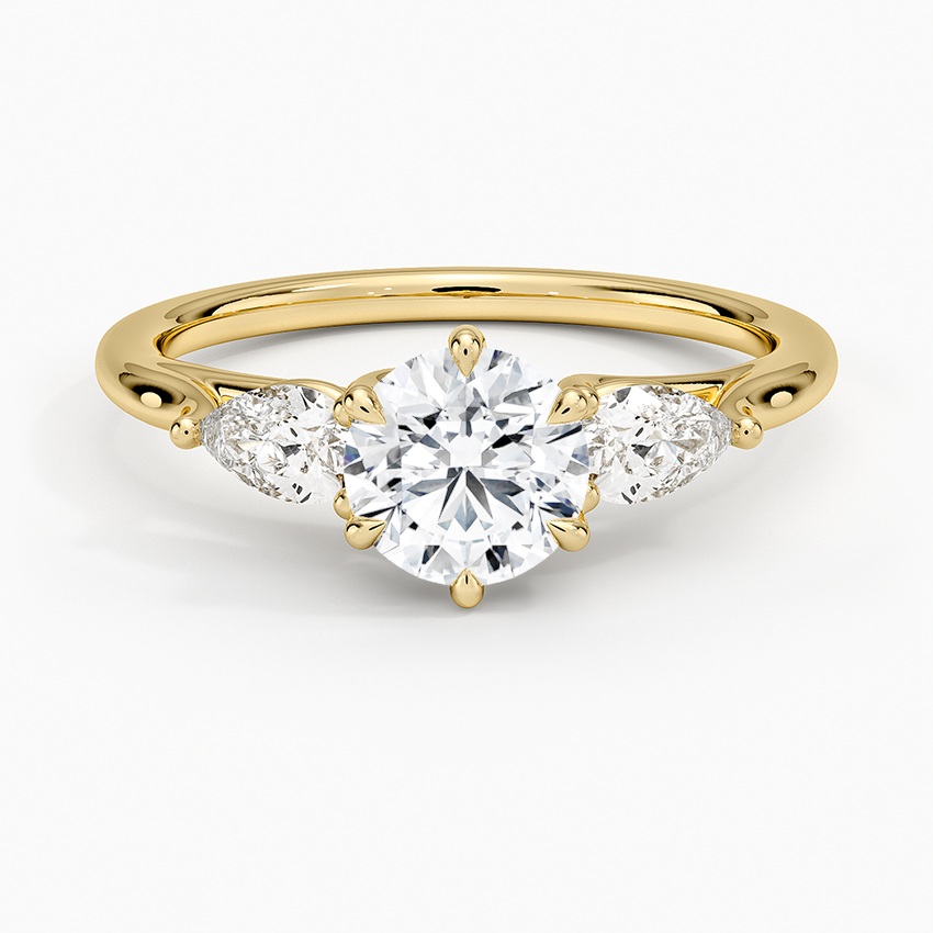 Luxe Delilah Three Stone Pear Diamond Ring Yellow Gold 18k Round Engagement Ring