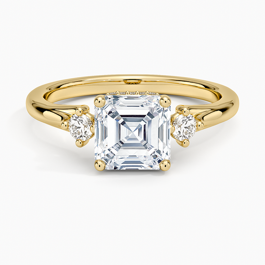 Floating Three Stone Diamond Ring Yellow Gold 18k Asscher Engagement Ring