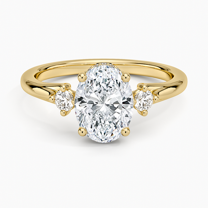 Floating Three Stone Diamond Ring Yellow Gold 18k Oval Engagement Ring
