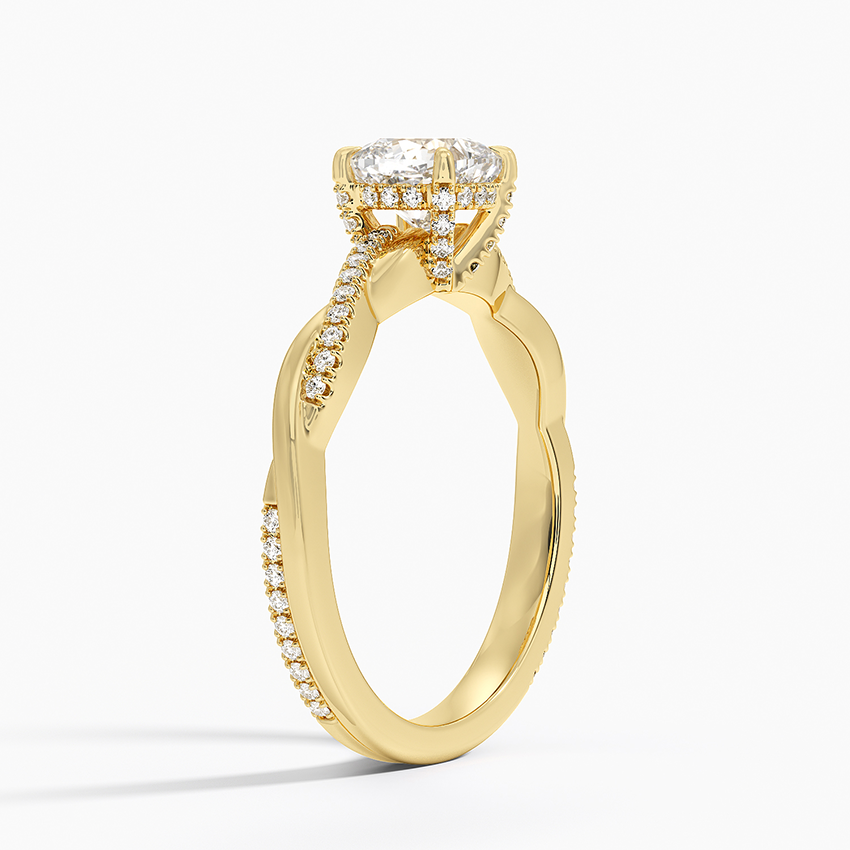 Petite Twisted Vine Hidden Halo Pavé Diamond Ring Yellow Gold 18k Cushion Engagement Ring