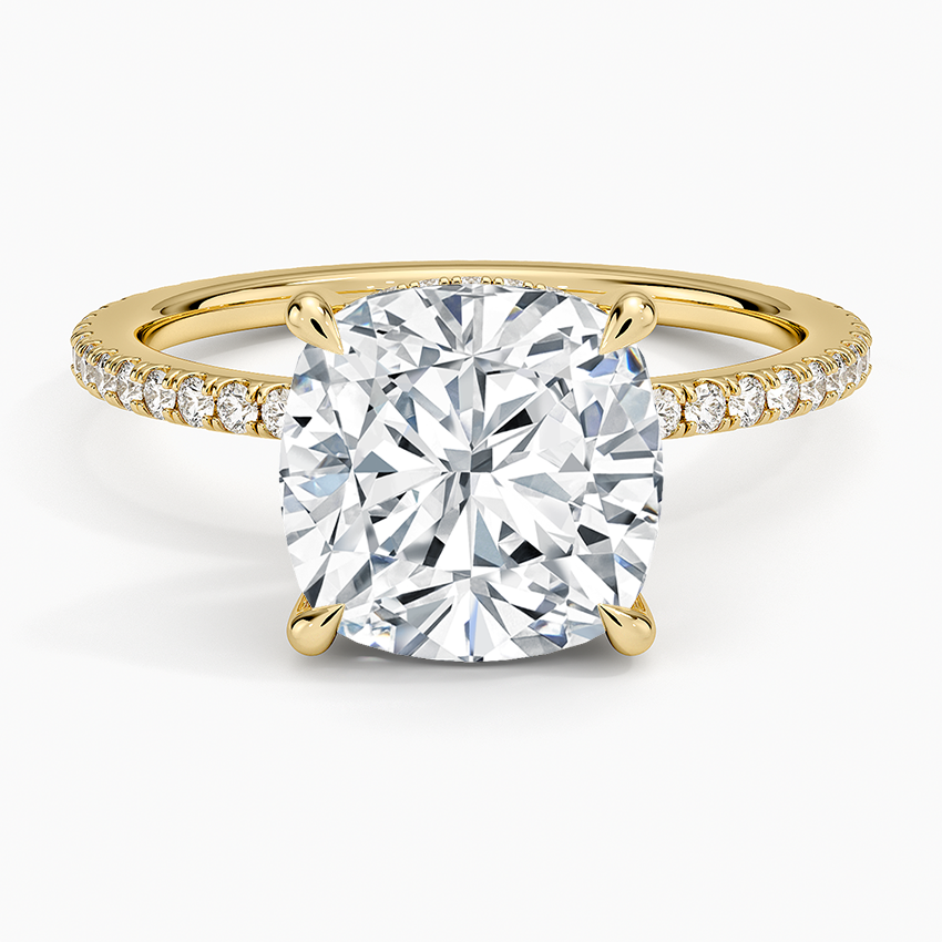 Perfect Fit Hidden Halo Eternity Diamond Ring Yellow Gold 18k Cushion Engagement Ring