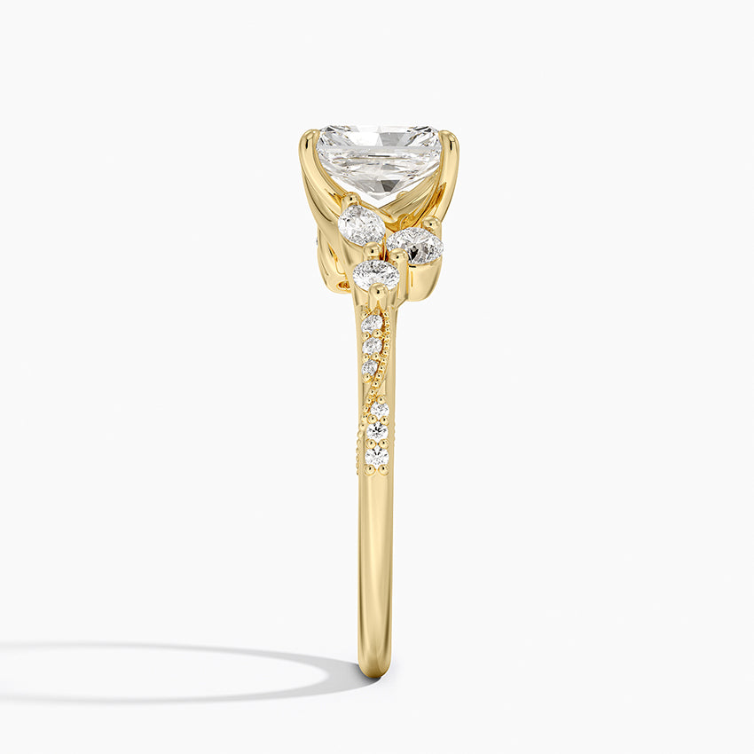 Luxe Camellia Milgrain Diamond Ring Yellow Gold 18k Radiant Engagement Ring