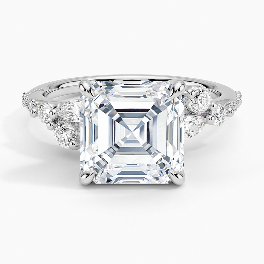 Luxe Camellia Milgrain Diamond Ring Platinum Asscher Engagement Ring