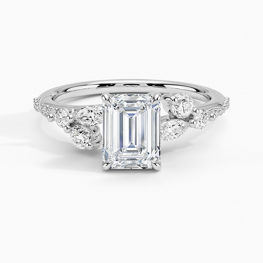 Luxe Camellia Milgrain Diamond Ring Platinum Emerald Engagement Ring