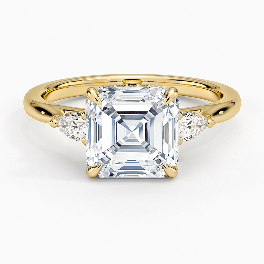 Floating Three Stone Pear Diamond Ring Yellow Gold 18k Asscher Engagement Ring