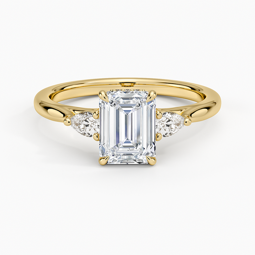 Floating Three Stone Pear Diamond Ring Yellow Gold 18k Emerald Engagement Ring