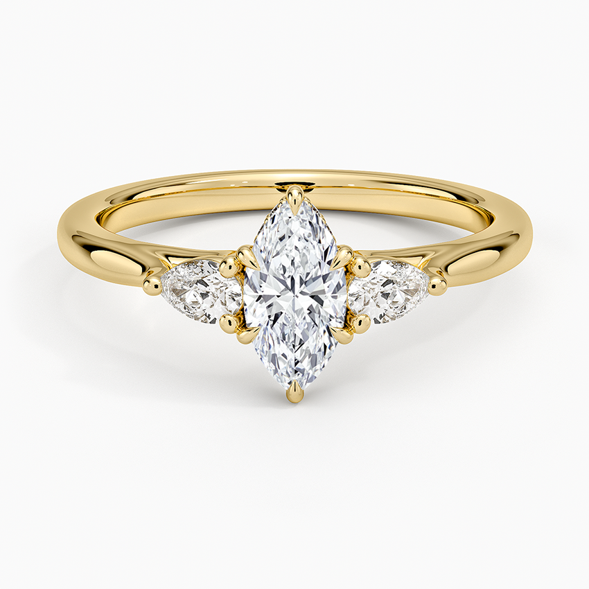 Floating Three Stone Pear Diamond Ring Yellow Gold 18k Marquise Engagement Ring