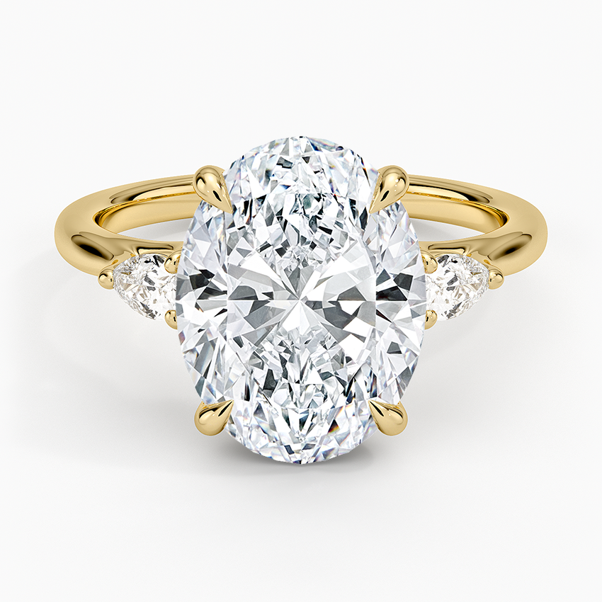 Floating Three Stone Pear Diamond Ring Yellow Gold 18k Oval Engagement Ring