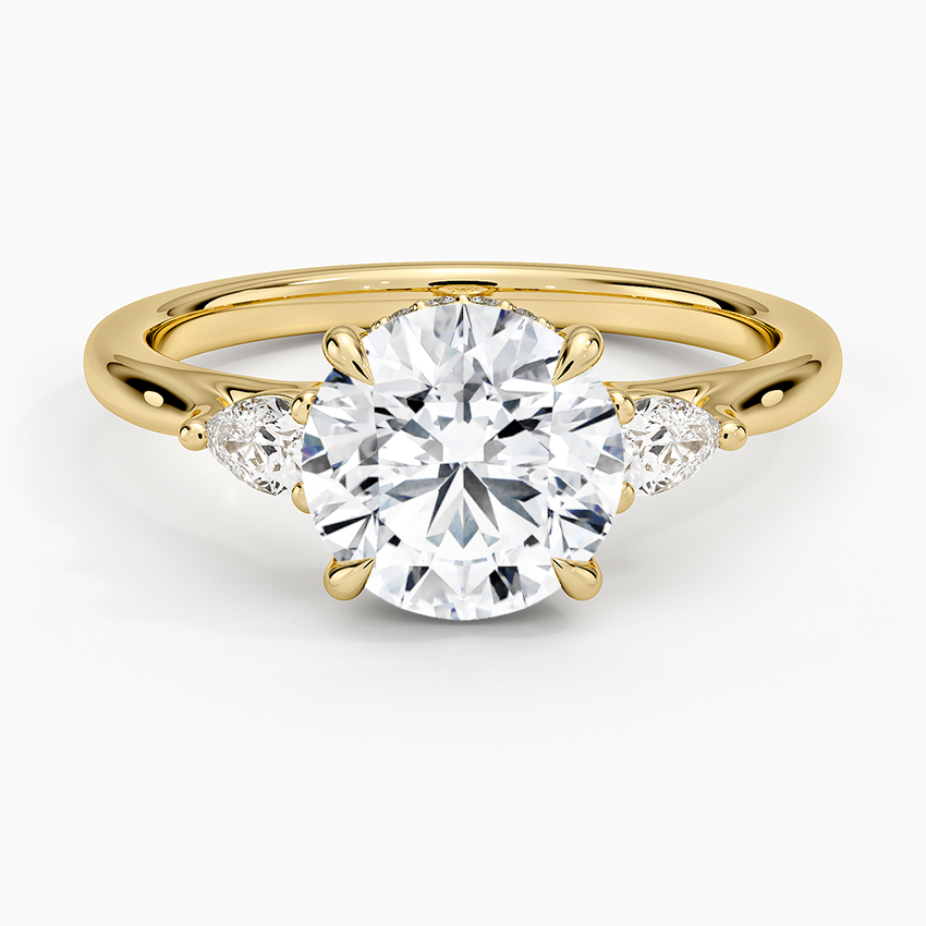 Floating Three Stone Pear Diamond Ring Yellow Gold 18k Round Engagement Ring