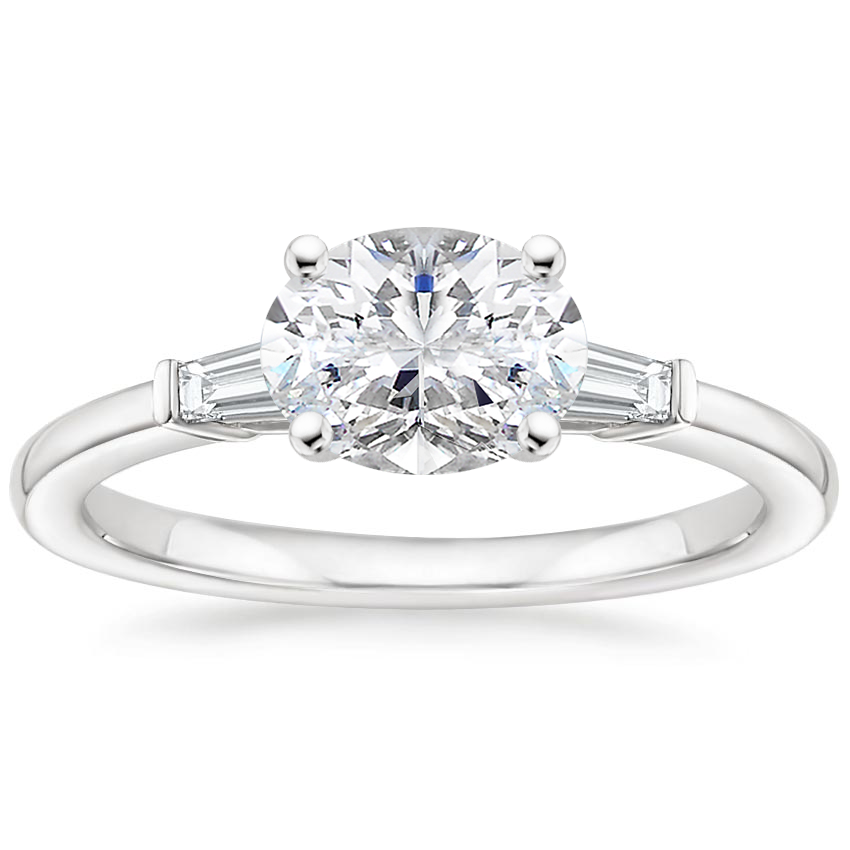 East West Tapered Baguette Diamond Engagement Ring 18K White Gold OV