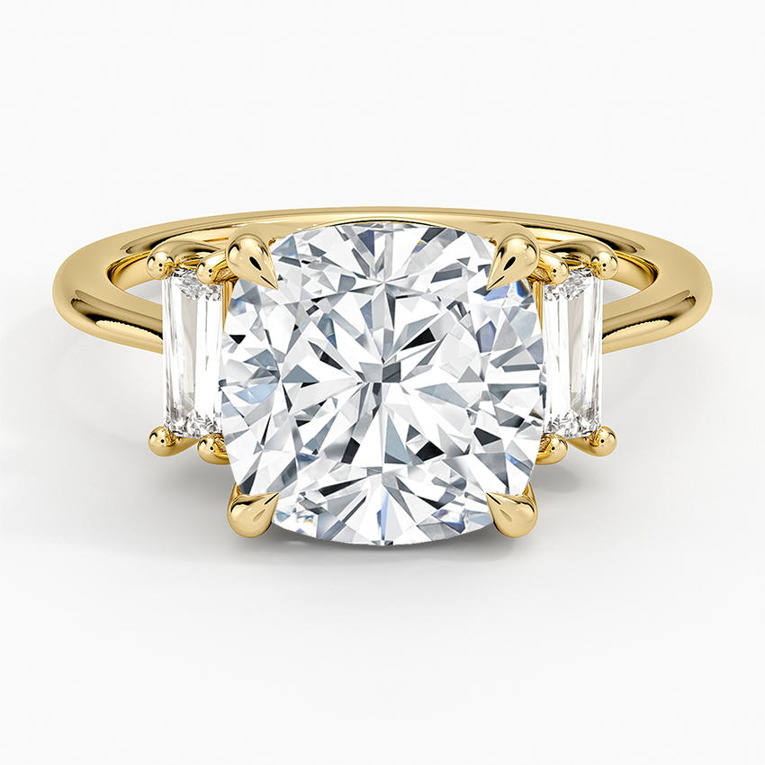 Vertical Baguette Three Stone Diamond Ring Yellow Gold 18k Cushion Engagement Ring