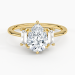 Vertical Baguette Three Stone Diamond Ring Yellow Gold 18k Pear Engagement Ring