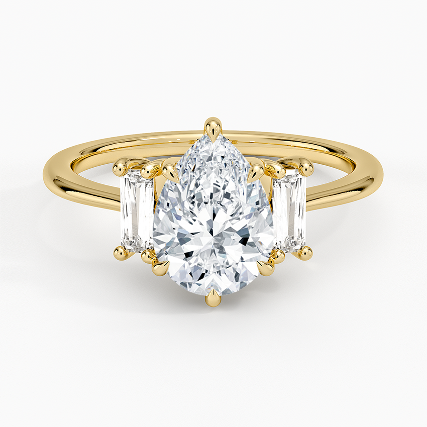 Vertical Baguette Three Stone Diamond Ring Yellow Gold 18k Pear Engagement Ring