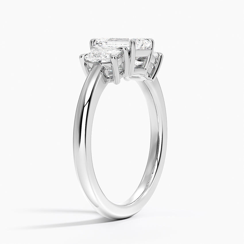 Faye Elongated Cushion Three Stone Diamond Ring Platinum Emerald Engagement Ring