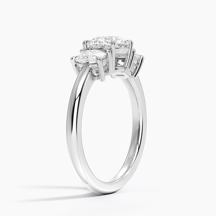 Faye Elongated Cushion Three Stone Diamond Ring Platinum Round Engagement Ring