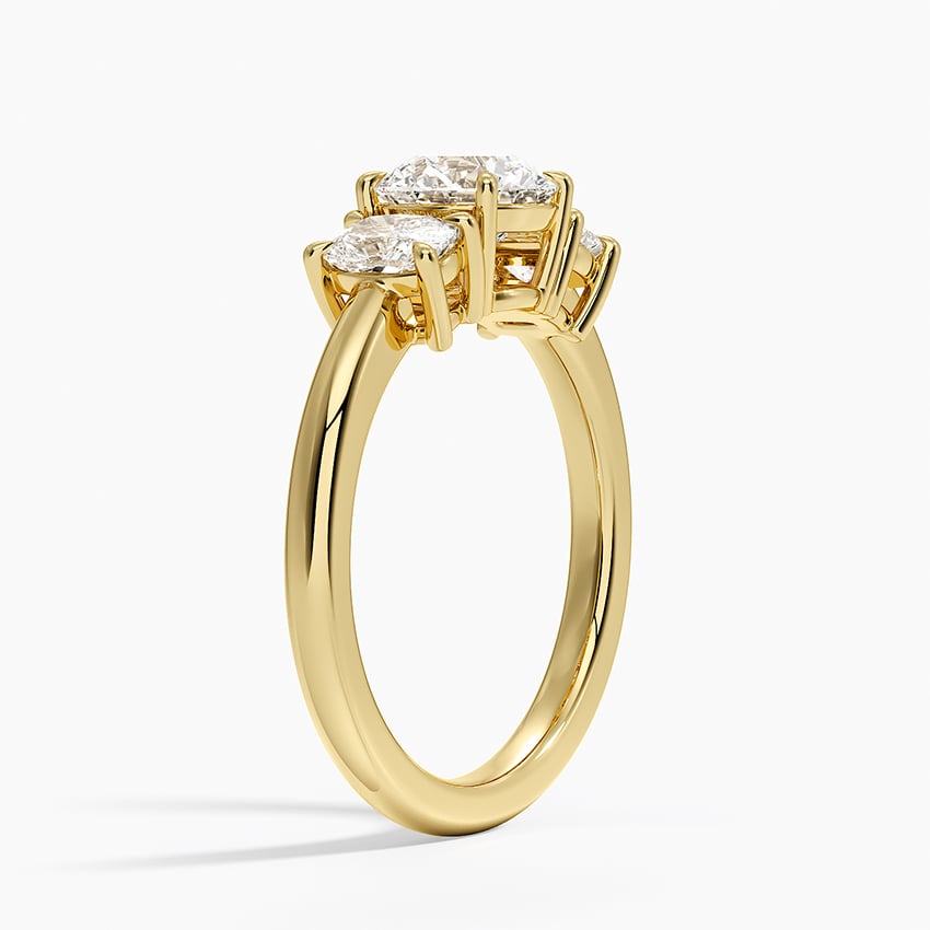 Faye Elongated Cushion Three Stone Diamond Ring Yellow Gold 18k Round Engagement Ring