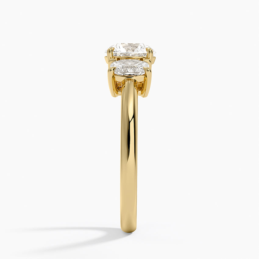 Faye Elongated Cushion Three Stone Diamond Ring Yellow Gold 18k Round Engagement Ring